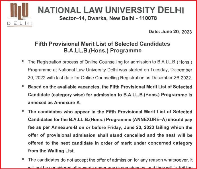 AILET Fifth Merit List 2023 Released for BA LLB: Check How to Download and Confirm Seat Allocationimage
