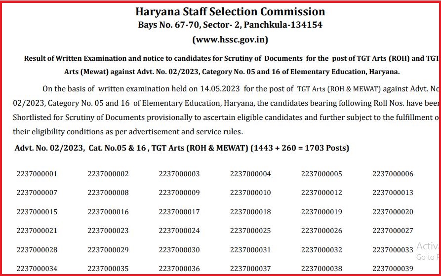 HSSC TGT Result 2023 (Announced): Check Cut Off Marks, Merit List & Download Link Now