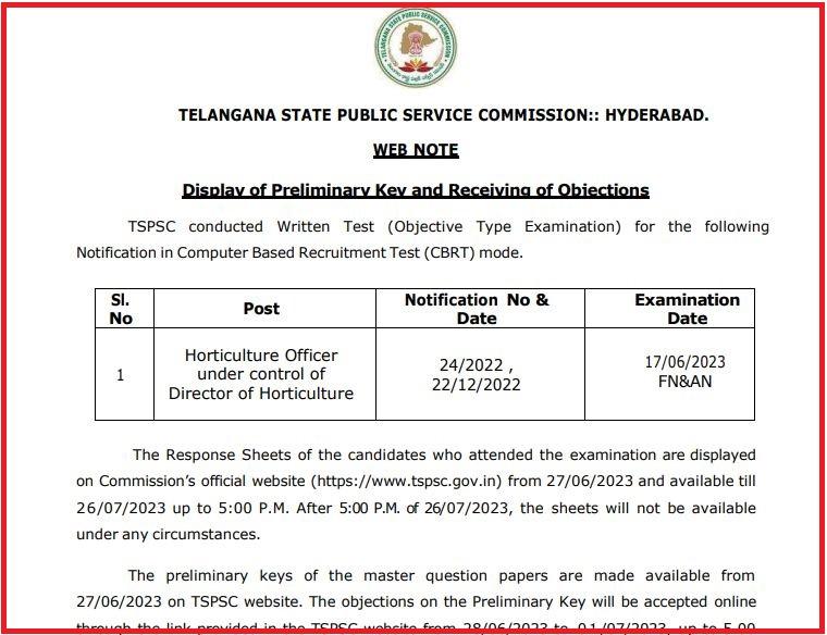 TSPSC Horticulture Officer Answer Key 2023 | Check HO Exam Key, Objections Hereimage