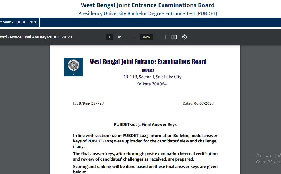 WBJEE PUBDET Final Answer Key 2023 (OUT): Download Now & Raise Objectionsimage