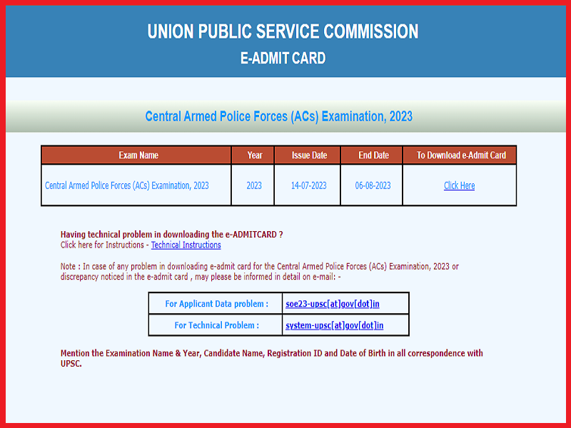 UPSC CAPF AC Admit Card 2023 (Released) Check Assistant Commandant Hall Ticket