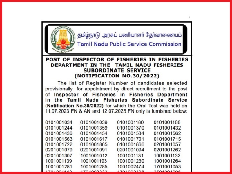 TNPSC Sub Inspector of Fisheries Result 2023 (Out): Check Results @  tnpsc.gov.in.
