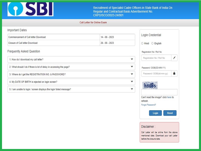 SBI SCO Admit Card 2023 (Released): Check Exam Date @ sbi.co.in