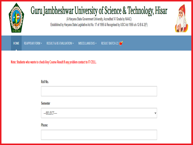Guru Jambheshwar University 6th Sem Result 2023 (Out): Check B.A. Revaluation Marksimage