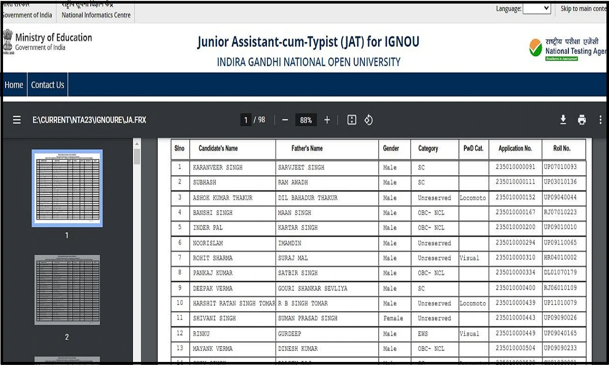 IGNOU JAT Result 2023 (Out):  Download Typing Test Selection list PDF Here
