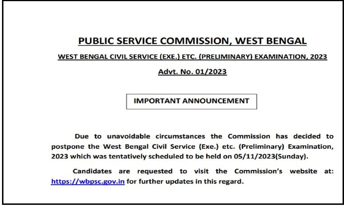 WBCS Prelims Exam Date 2023 Postponed: Check New Schedule at wbpsc.gov.in