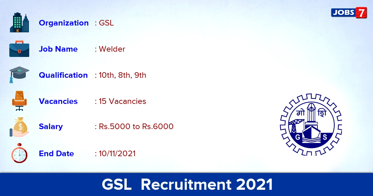 GSL Recruitment 2021 - Apply Offline for 15 Welder Vacancies