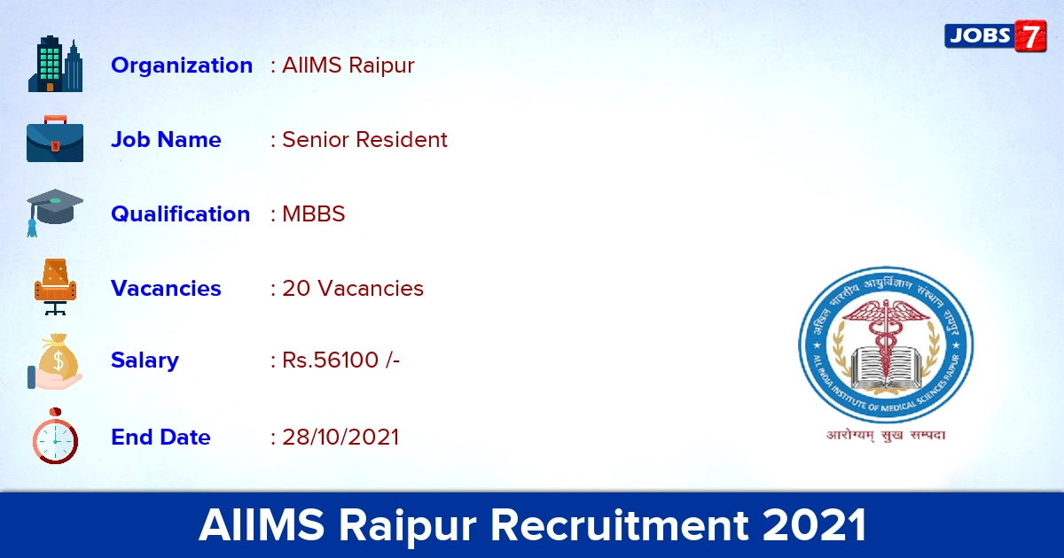 AIIMS Raipur Recruitment 2021 - Apply Online for 20 Senior Resident vacancies