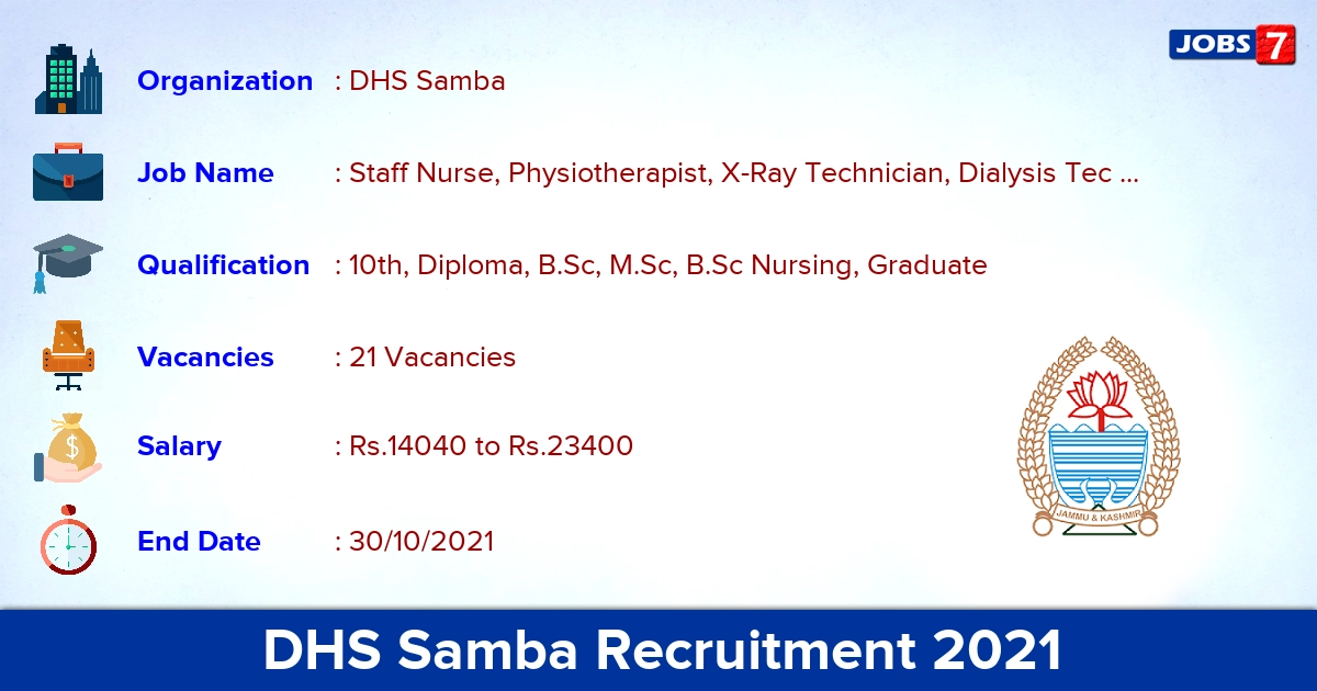 DHS Samba Recruitment 2021 - Apply Offline for 21 Staff Nurse, Physiotherapist  Vacancies