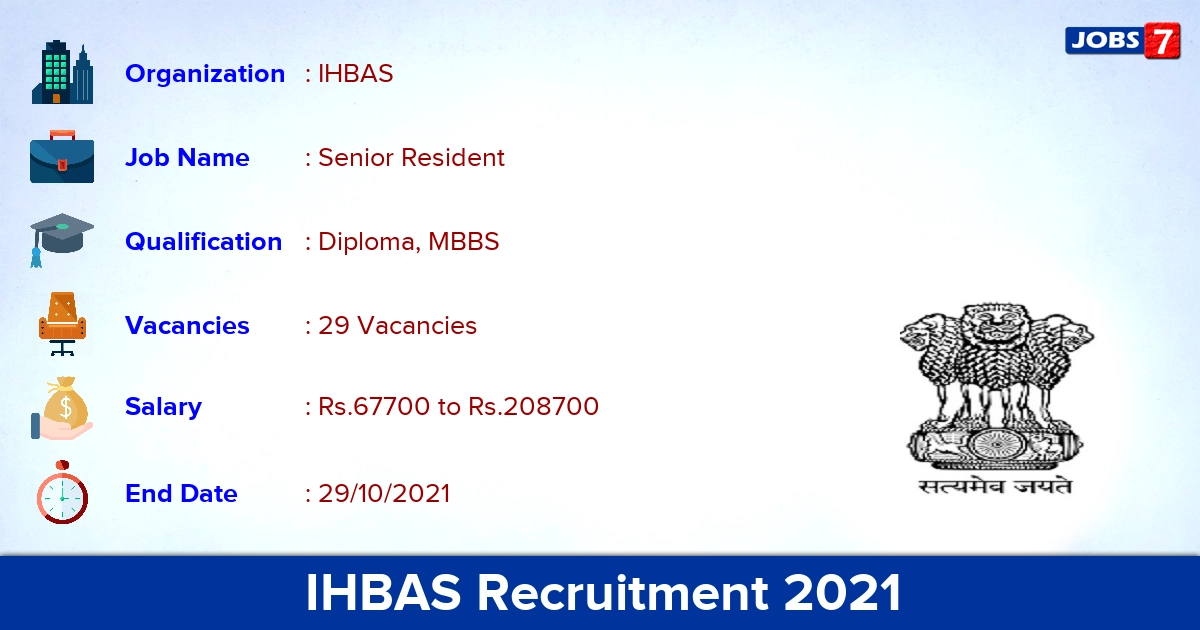 IHBAS Recruitment 2021 - Apply Offline for 29 Senior Resident vacancies