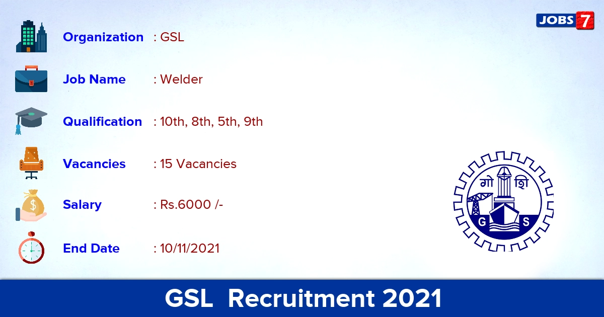 GSL  Recruitment 2021 - Apply Offline for 15 Welder vacancies