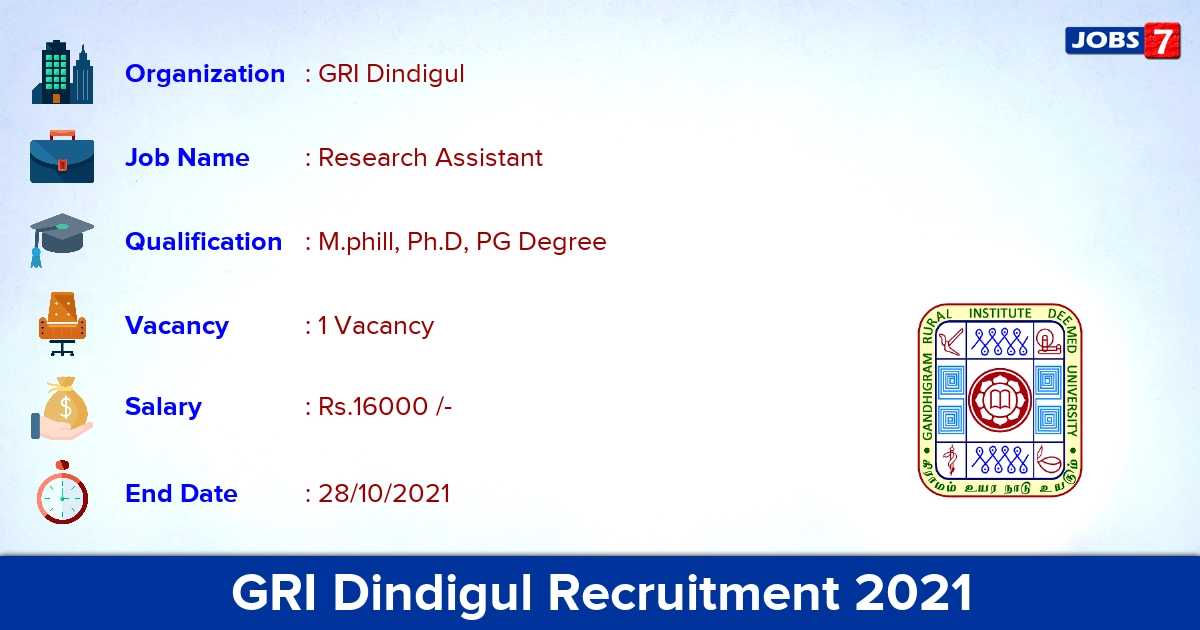 GRI Dindigul Recruitment 2021 - Walkin for Research Assistant  Jobs