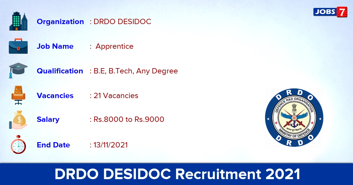 DRDO DESIDOC Recruitment 2021 - Apply Online for 21  Apprentice Vacancies