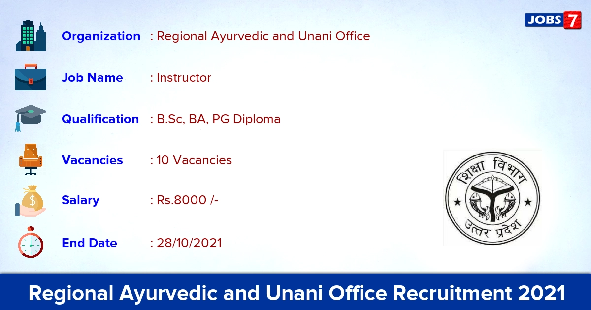 Regional Ayurvedic and Unani Office Recruitment 2021 - Apply Offline for 10 Instructor vacancies