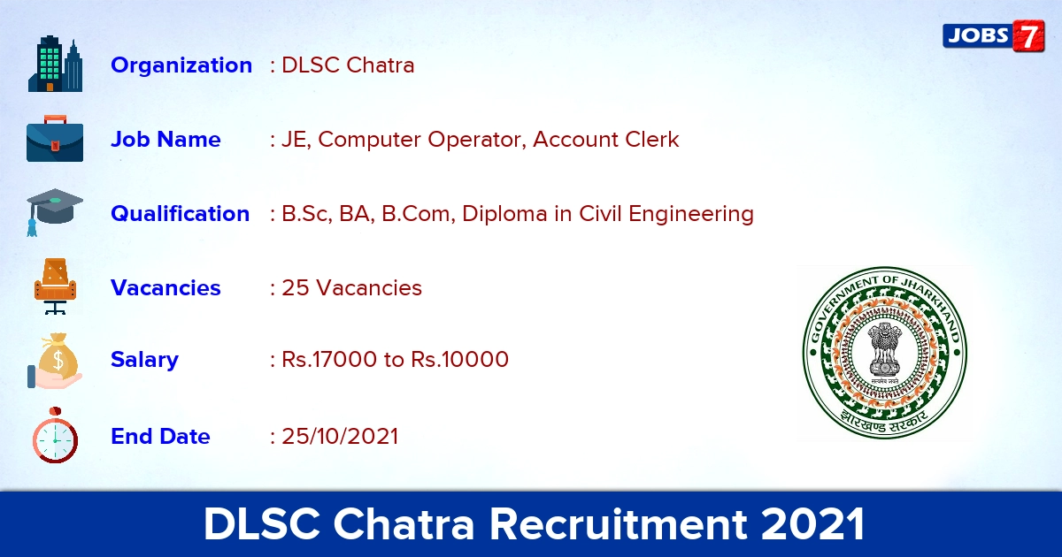 DLSC Chatra Recruitment 2021 - Apply Offline for 25 JE, Computer Operator, Account Clerk Vacancies