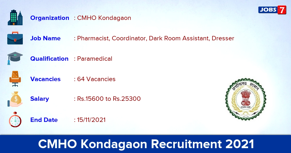 CMHO Kondagaon Recruitment 2021 - Apply Online for 64 Pharmacist Dresser Vacancies