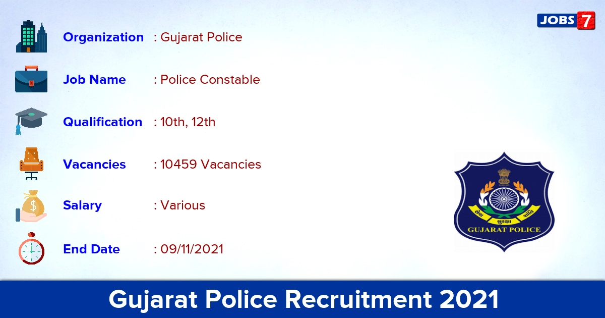Gujarat Police Recruitment 2021 - Apply Online for 10459 Constable Vacancies