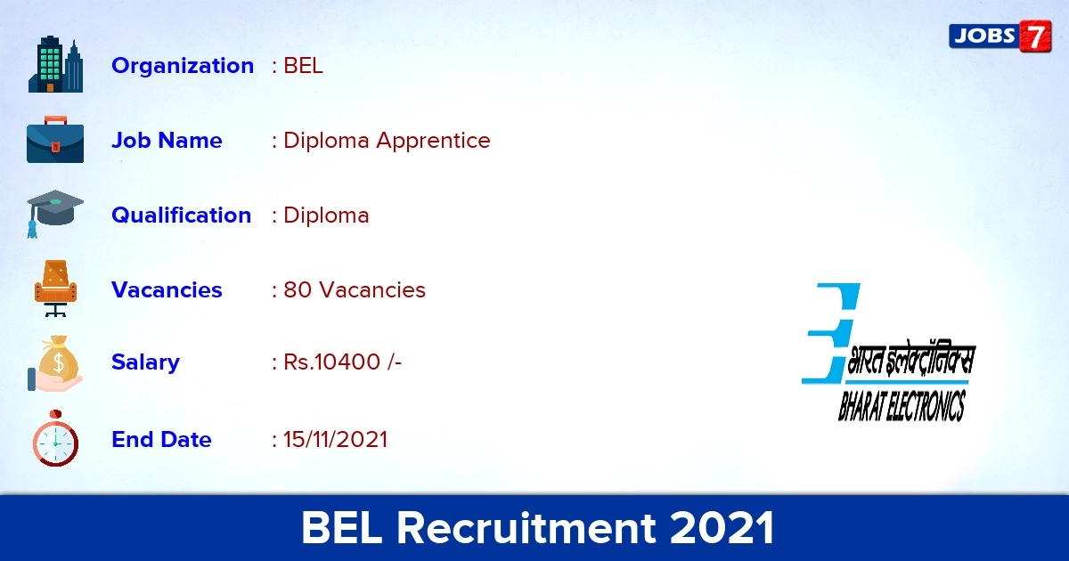 BEL Recruitment 2021 - Apply Online for 80 Diploma Apprentice Vacancies