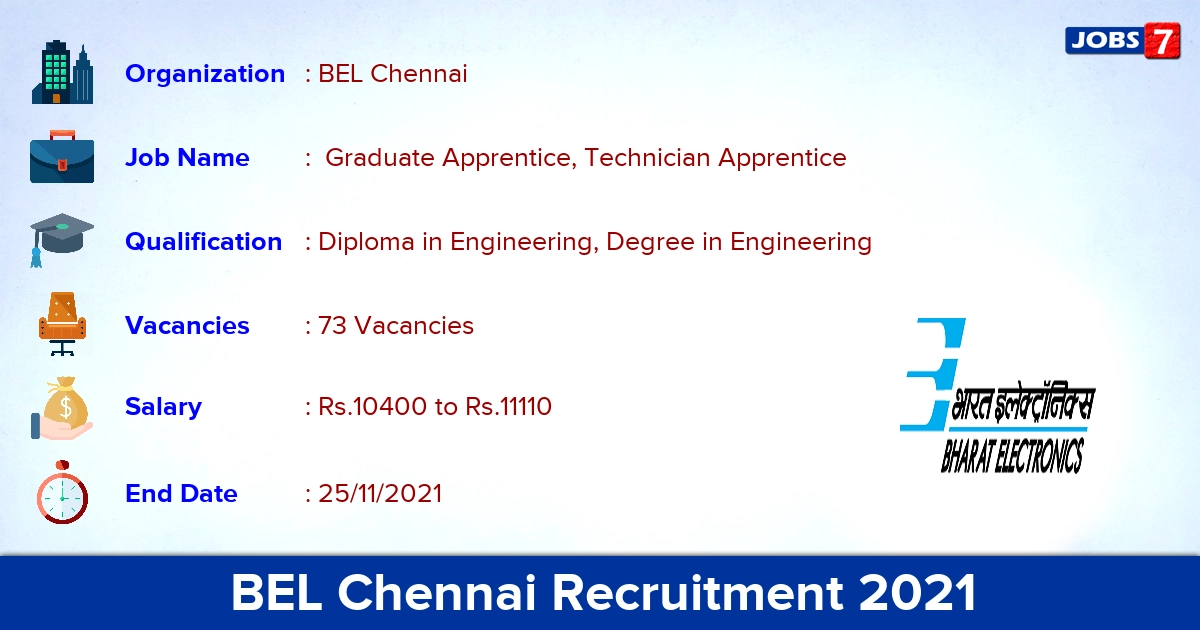 BEL Chennai Recruitment 2021 - Apply Online for 73 Apprentice Vacancies