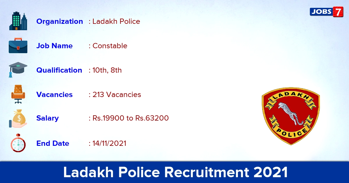 Ladakh Police Constable Recruitment 2021 - Apply Online for 213 Vacancies