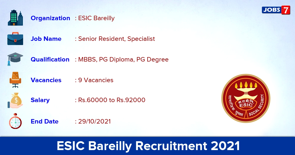 ESIC Bareilly Recruitment 2021 - Direct Interview for Senior Resident Jobs