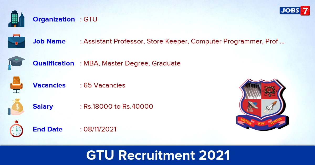 GTU Recruitment 2021 - Apply Online for 65 Assistant Professor Vacancies
