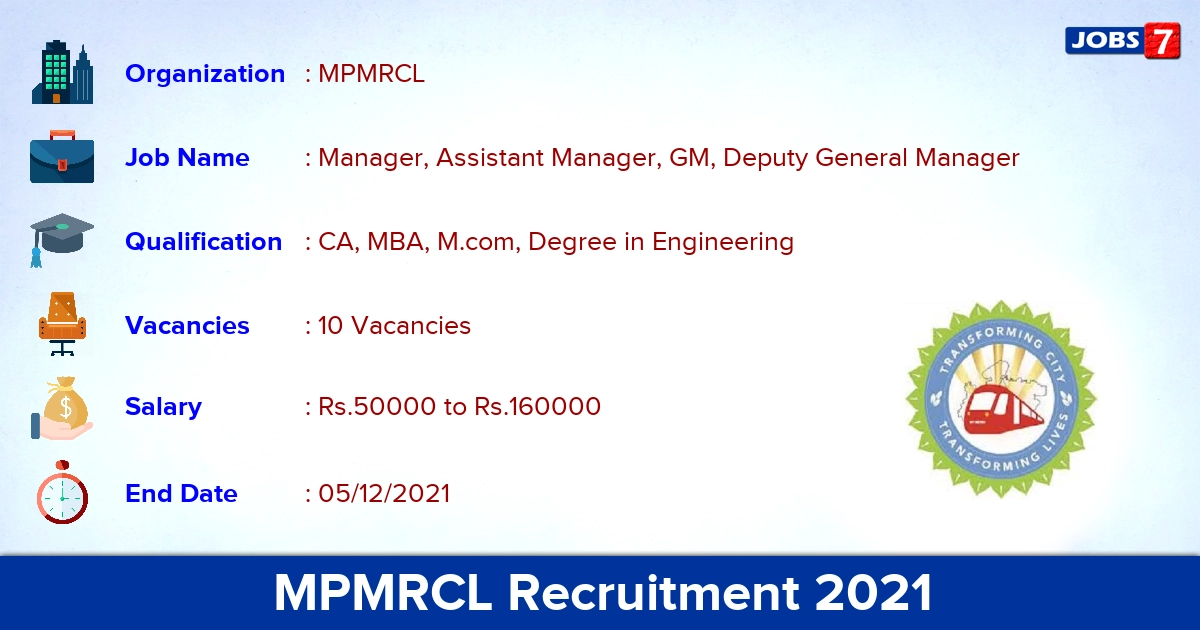 MPMRCL Recruitment 2021 - Apply Online for 10 Manager Vacancies