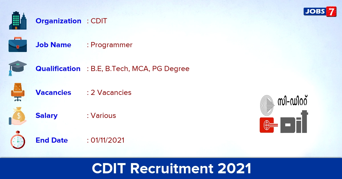 CDIT Recruitment 2021 - Apply Online for Programmer Jobs