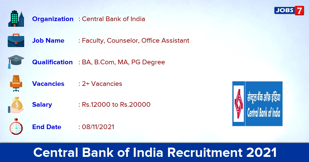 Central Bank of India Recruitment 2021 - Apply Offline for Office Assistant Vacancies