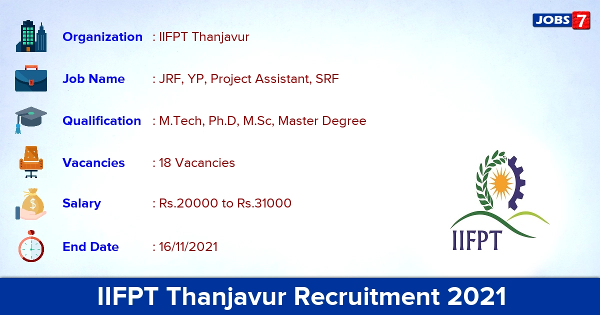 IIFPT Thanjavur Recruitment 2021 - Apply Online for 18 JRF, SRF Vacancies