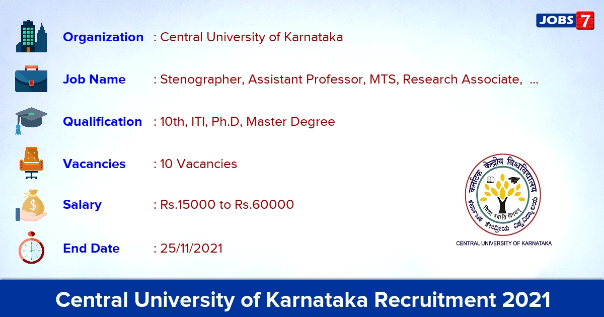 Central University of Karnataka Recruitment 2021 - Apply for 10 Stenographer Vacancies