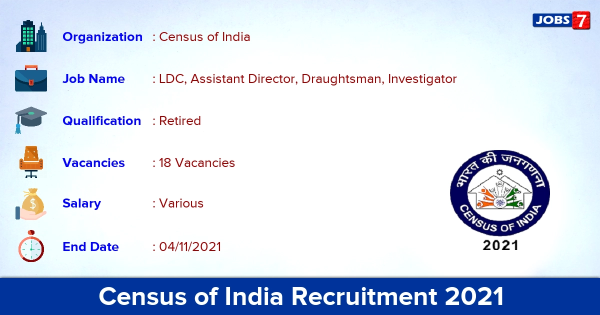 Census of India Recruitment 2021 - Apply Offline for 18 Investigator Vacancies