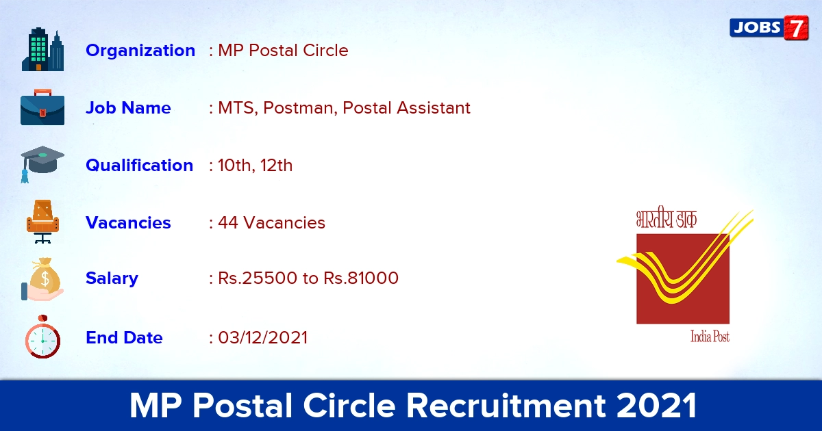 MP Postal Circle Recruitment 2021 - Apply Offline for 44 Postal Assistant Vacancies