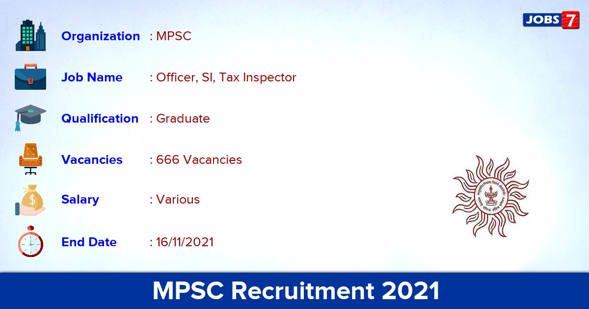 MPSC Recruitment 2021 - Apply Online for 666 Officer, SI, Tax Inspector Vacancies