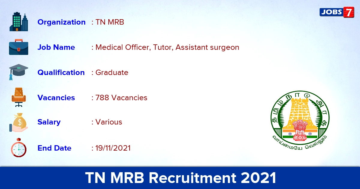 TN MRB Recruitment 2021 - Apply Online for 788 Medical Officer, Tutor Vacancies (Last Date Extended)