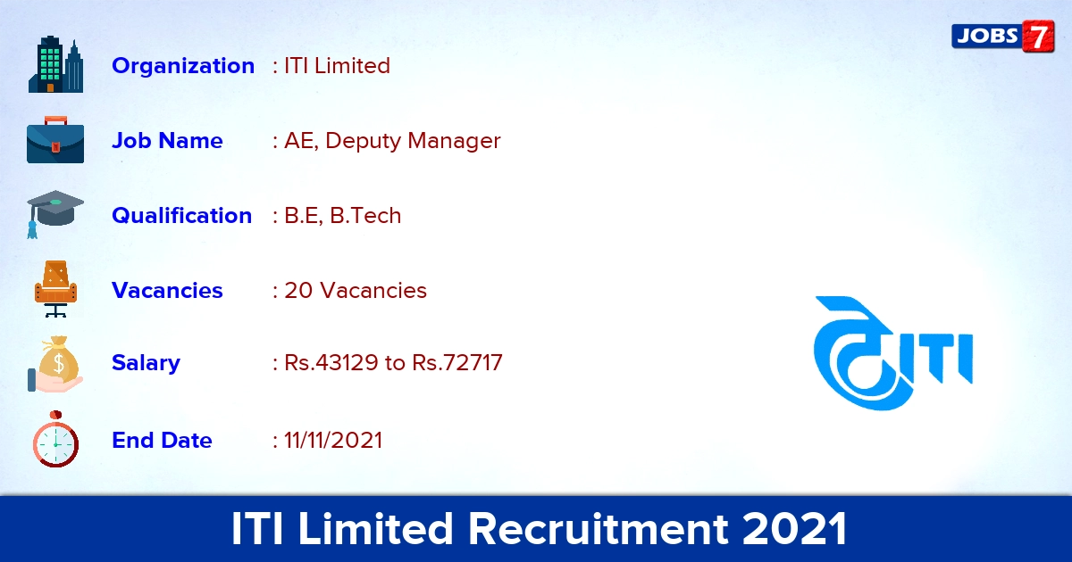 ITI Limited Recruitment 2021 - Apply Online for 20 AE, Deputy Manager Vacancies