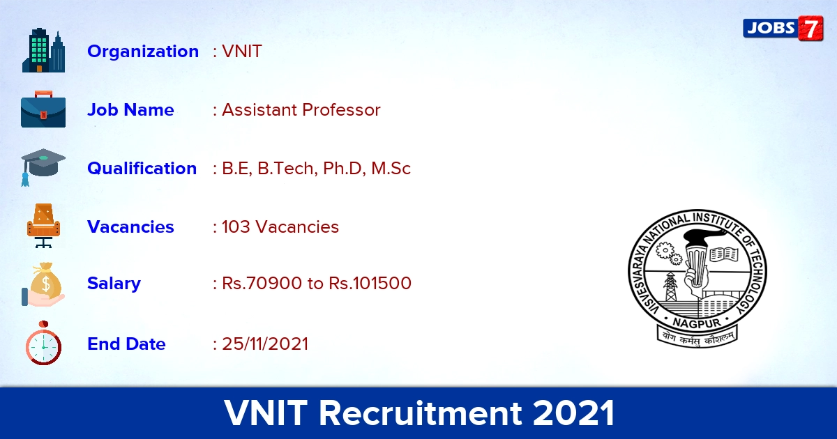 VNIT Recruitment 2021 - Apply for 103 Assistant Professor Vacancies