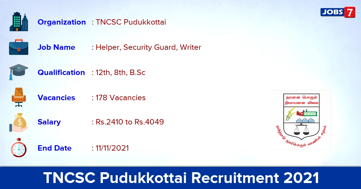 TNCSC Pudukkottai Recruitment 2021 - Apply for 178 Helper, Security Guard, Writer Vacancies