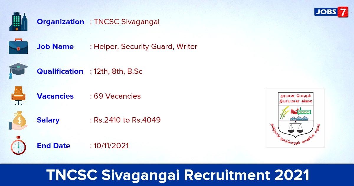 TNCSC Sivagangai Recruitment 2021 - Apply for 69 Helper, Writer Vacancies