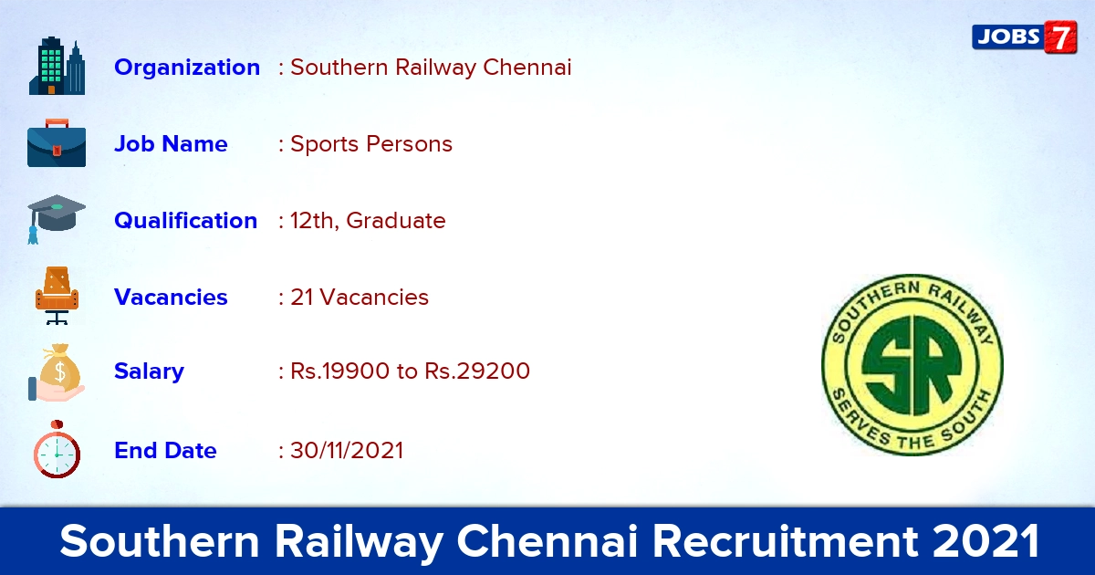 Southern Railway Chennai Recruitment 2021 - Apply for 21 Sports Person Vacancies