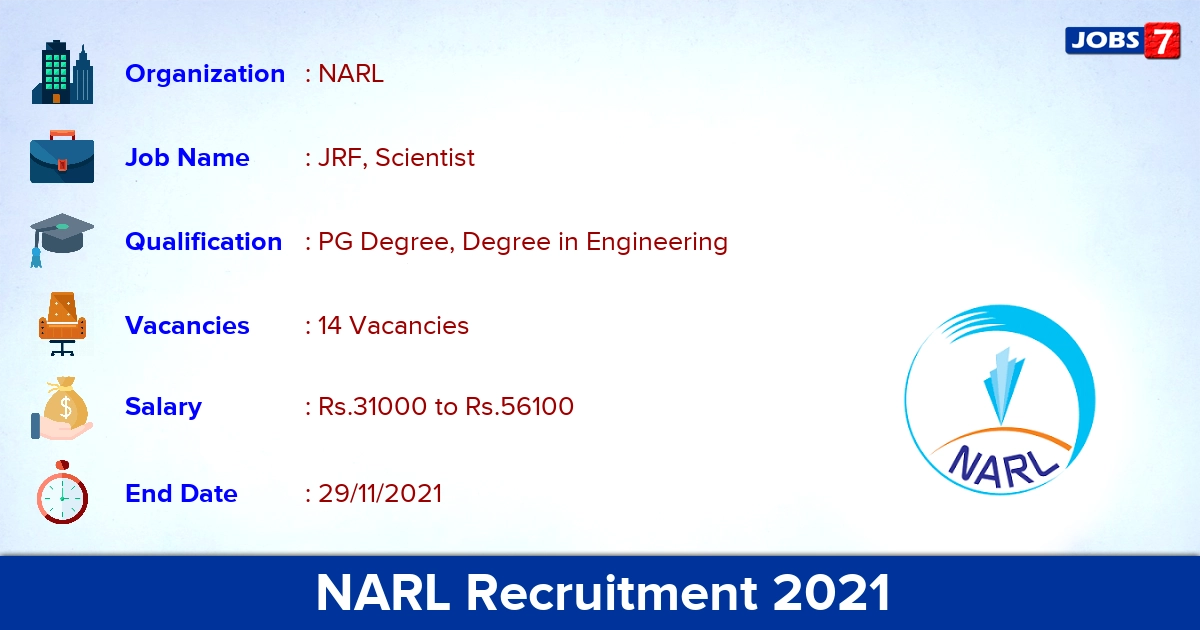 NARL Recruitment 2021 - Apply Online for 14 JRF, Scientist Vacancies