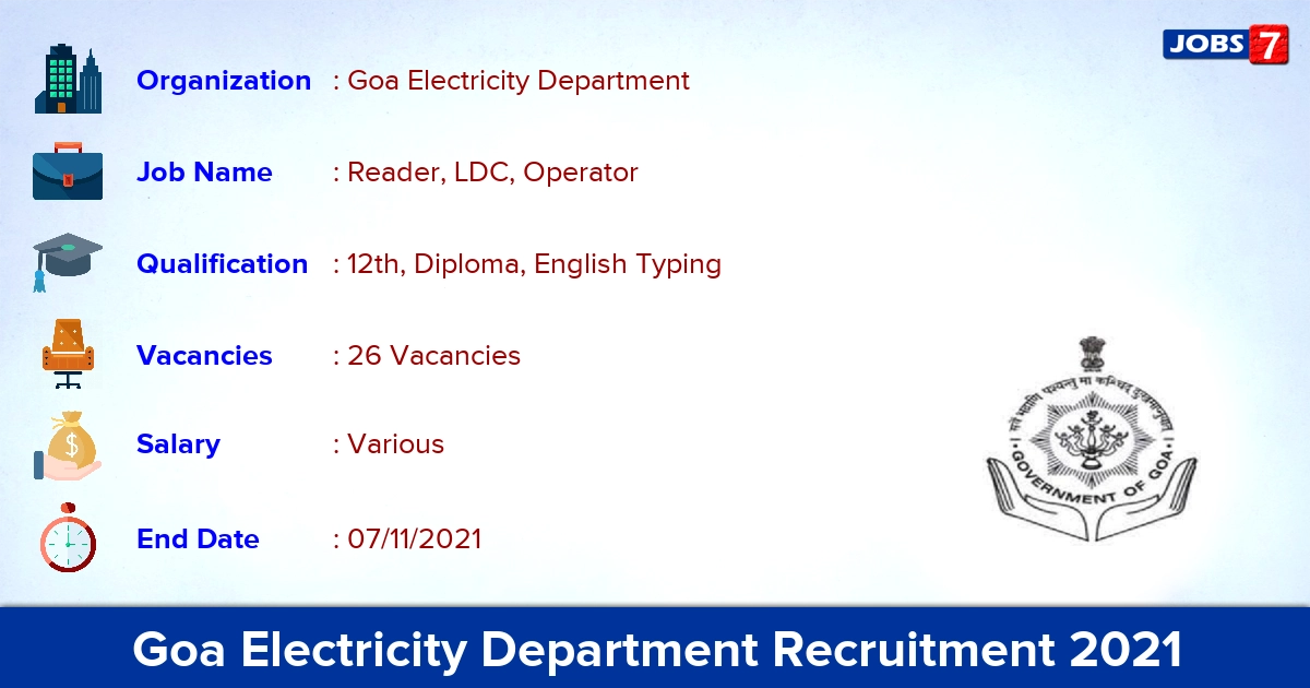 Goa Electricity Department Recruitment 2021 - Apply for 26 LDC Vacancies
