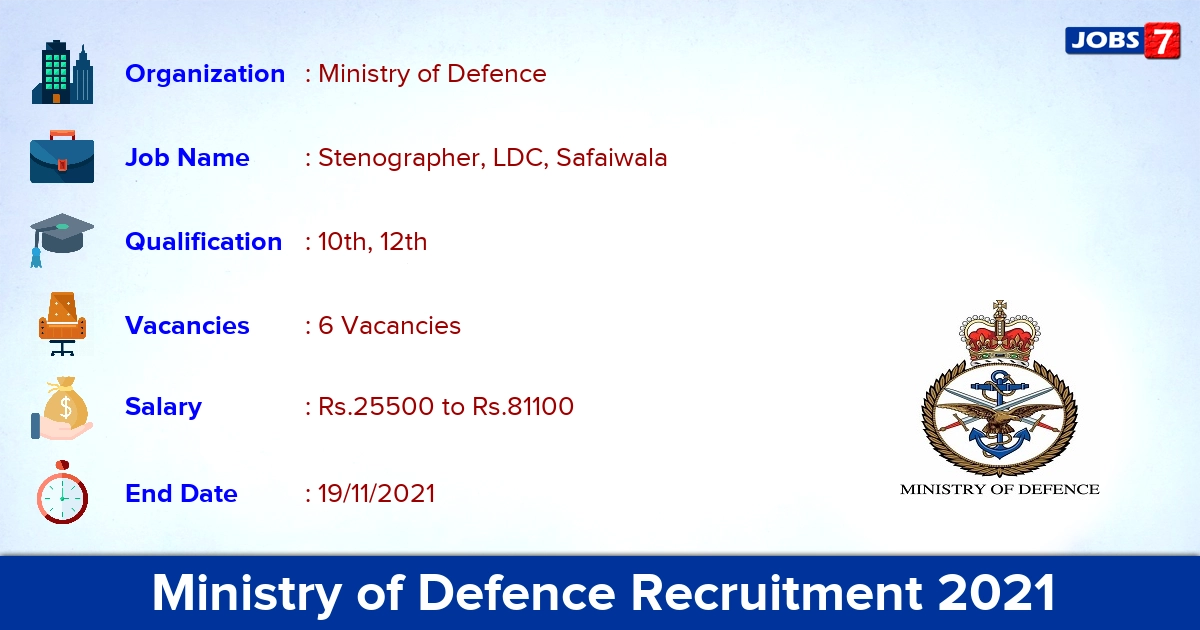 Ministry of Defence Recruitment 2021 - Apply Offline for Stenographer, LDC Jobs