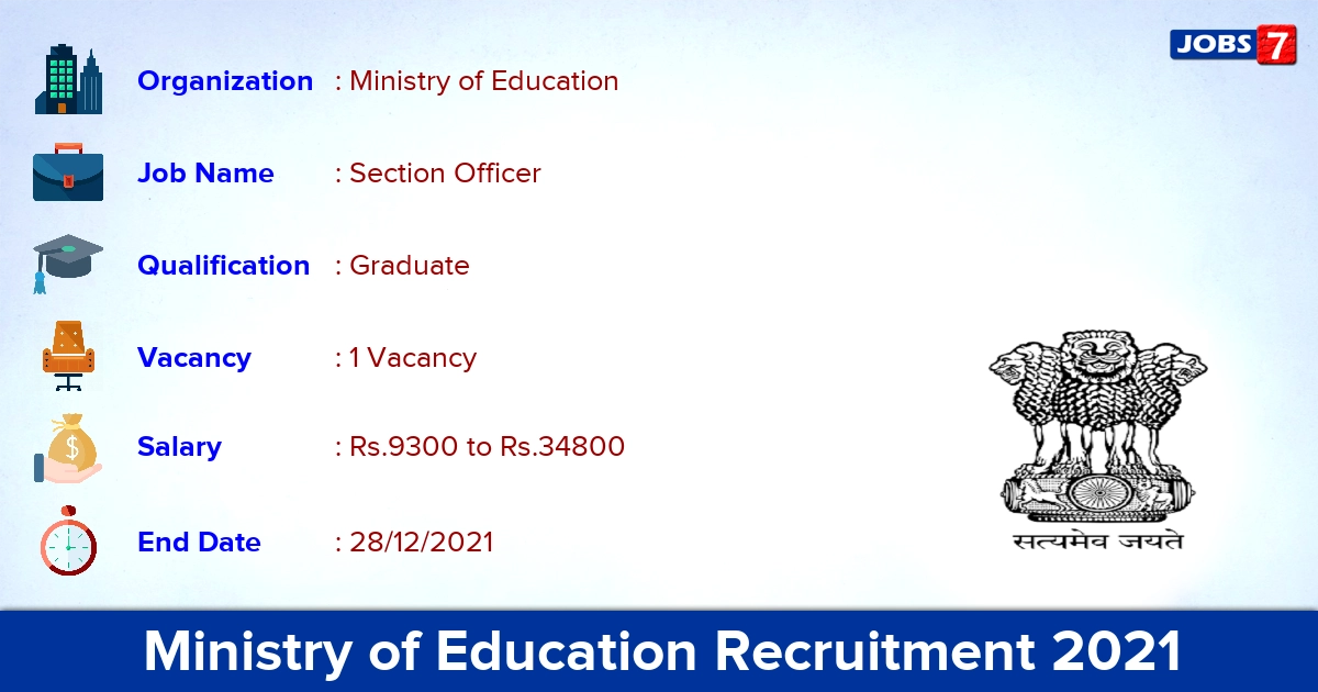 Ministry of Education Recruitment 2021 - Apply Offline for Section Officer Jobs