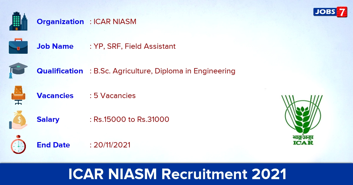 ICAR NIASM Recruitment 2021 - Apply Online for SRF, Field Assistant Jobs