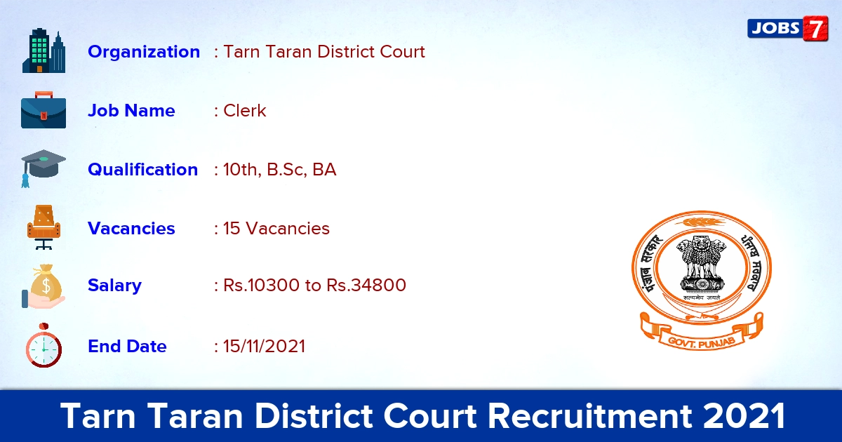 Tarn Taran District Court Recruitment 2021 - Apply for 15 Clerk Vacancies