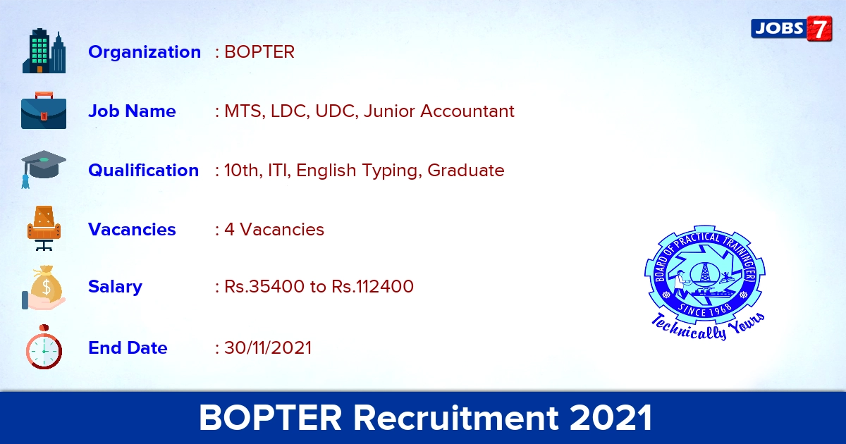 BOPTER Recruitment 2021 - Apply Online for LDC, UDC Jobs