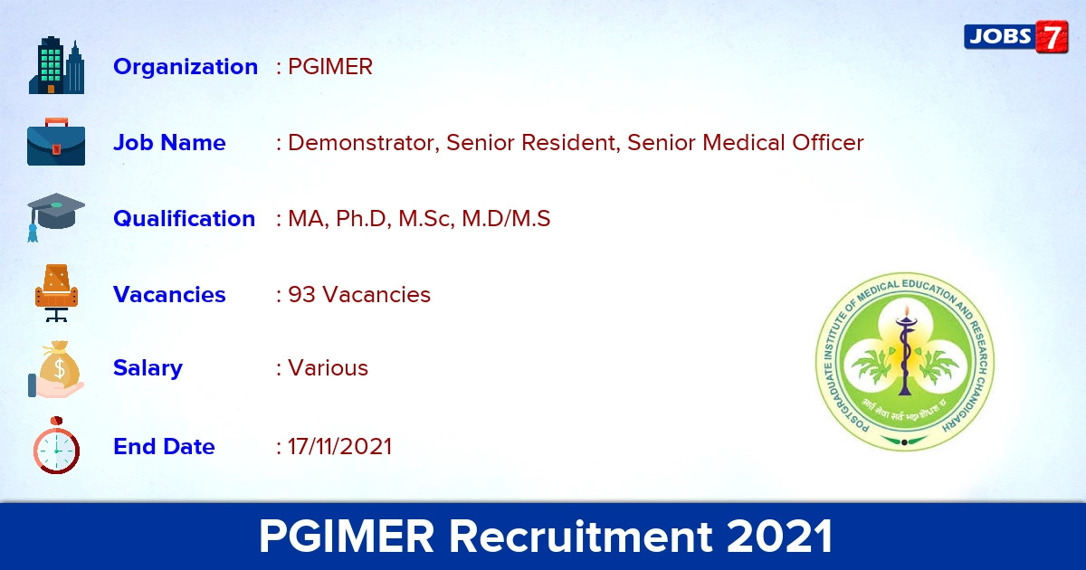 PGIMER Chandigarh Recruitment 2021 - Apply Online for 93 Senior Resident Vacancies