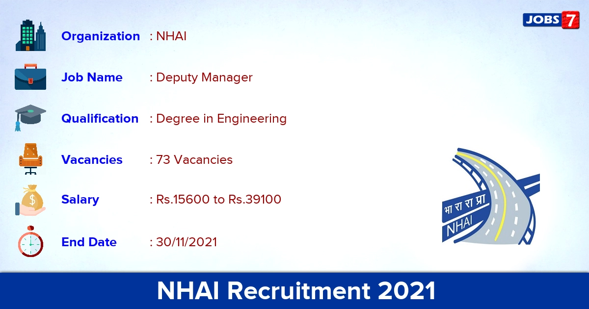 NHAI Recruitment 2021 - Apply Online for 73 Deputy Manager Vacancies