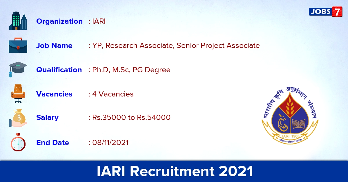 IARI Recruitment 2021 - Apply Online for YP, Research Associate Jobs